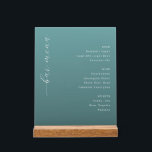 Panneau En Acrylique Elegant Teal Minimalist Bar Menu<br><div class="desc">This elegant wedding menu card features a minimalist design with a calming teal background and clean, modern typography. The layout is structured into three sections—Beer, Wine, and Spirits—with each category listed in an organized manner using a simple sans-serif font that contrasts beautifully with the cursive "bar menu" script on the...</div>