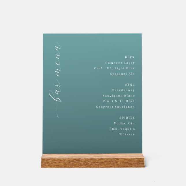 Panneau En Acrylique Elegant Teal Minimalist Bar Menu (Recto)