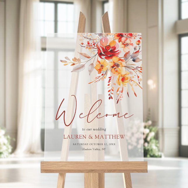 Panneau En Acrylique Elégante aquarelle Floral Mariage de automne Bienv (Rustic watercolor floral fall acrylic wedding welcome sign.)