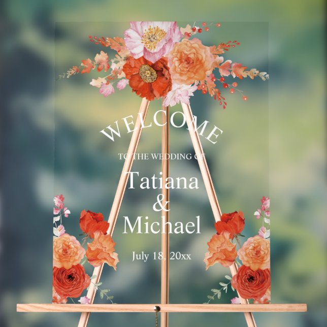 Panneau En Acrylique élégante aquarelle orange fleuri accueil mariage (Neutre)