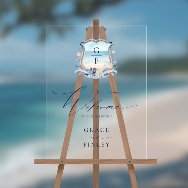 Panneau En Acrylique Elégante aquarelle plage Monogram Crest Mariage (Créateur téléchargé)