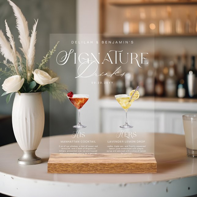 Panneau En Acrylique Elégante aquarelle Sa signature Boisson Mariage (Elegant Watercolor His Her Signature Drink Wedding Acrylic Sign)