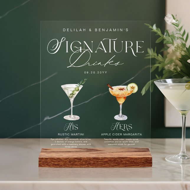 Panneau En Acrylique Elégante aquarelle Sa signature Boisson Mariage (Elegant Watercolor His Her Signature Drink Wedding Acrylic Sign)
