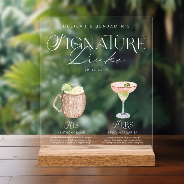 Panneau En Acrylique Elégante aquarelle Sa signature Boisson Mariage (Elegant Watercolor His Her Signature Drink Wedding Acrylic Sign)