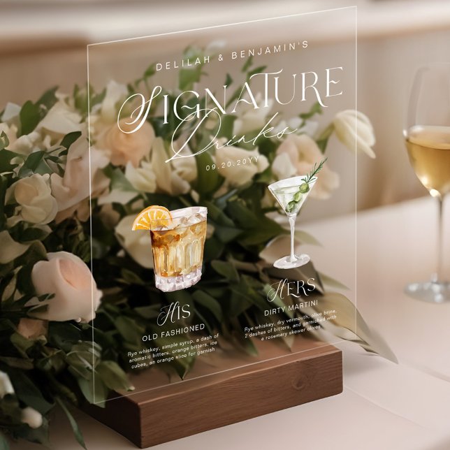 Panneau En Acrylique Elégante aquarelle Sa signature Boisson Mariage (Elegant Watercolor His Her Signature Drink Wedding Acrylic Sign)