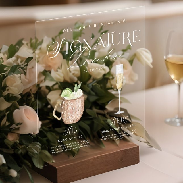 Panneau En Acrylique Elégante aquarelle Sa signature Boisson Mariage (Elegant Watercolor His Her Signature Drink Wedding Acrylic Sign)