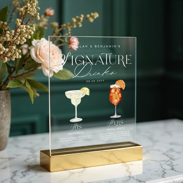 Panneau En Acrylique Elégante aquarelle Sa signature Boisson Mariage (Elegant Watercolor His Her Signature Drink Wedding Acrylic Sign)