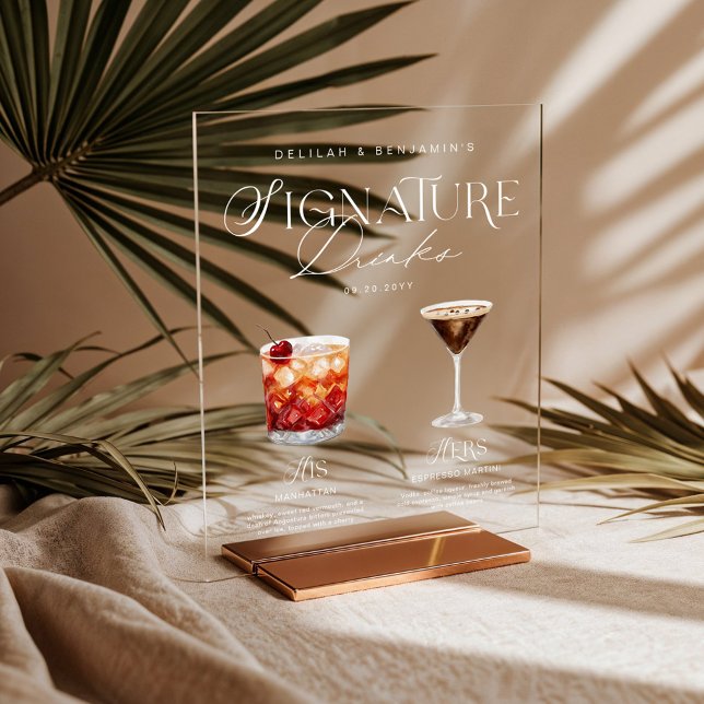 Panneau En Acrylique Elégante aquarelle Sa signature Boisson Mariage (Elegant Watercolor His Her Signature Drink Wedding Acrylic Sign)