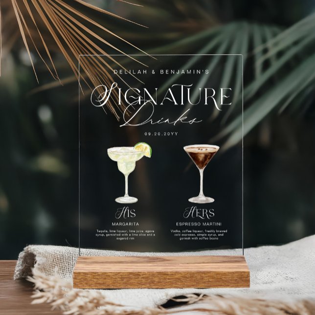 Panneau En Acrylique Elégante aquarelle Sa signature Boisson Mariage (Elegant Watercolor His Her Signature Drink Wedding Acrylic Sign)