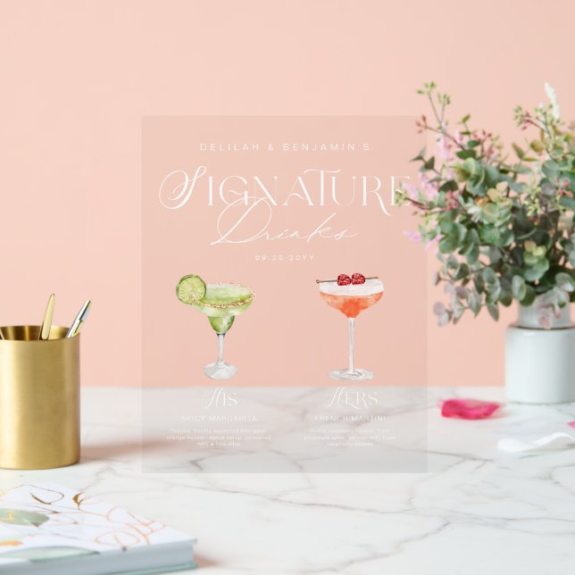 Panneau En Acrylique Elégante aquarelle Sa signature Boisson Mariage (Mariage)