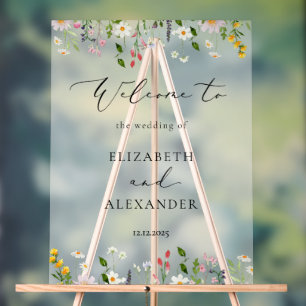 Panneau En Acrylique Élégante Bienvenue de Mariage Fleur Sauvage Givrée