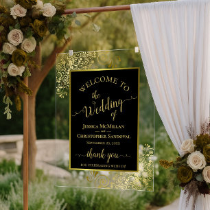Panneau En Acrylique Élégante Bienvenue Mariage Noir & Or Élégant