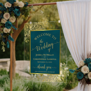 Panneau En Acrylique Élégante Bienvenue Mariage Sombre Turquoise & Or