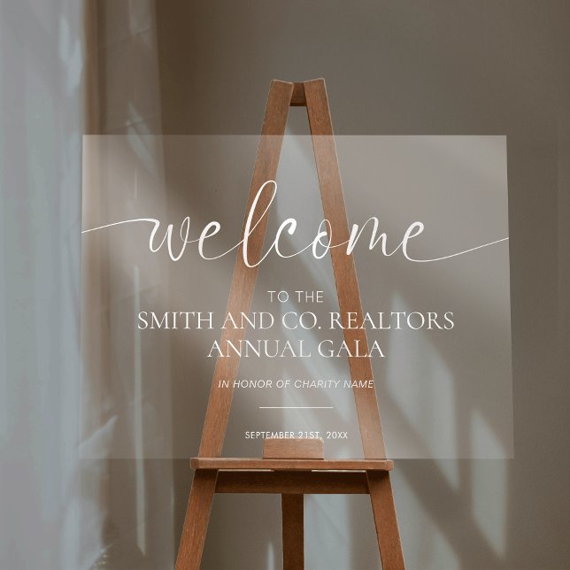 Panneau En Acrylique Élégante calligraphie Accueil transparent de l'ent (Elegant business event transparent acrylic welcome sign *image is a mockup; easel is not included)