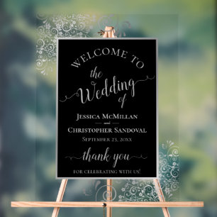 Panneau En Acrylique Élégante calligraphie mariage noir et argent Bienv