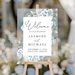 Panneau En Acrylique Elégante Dusty Blue Floral Mariage Bienvenue