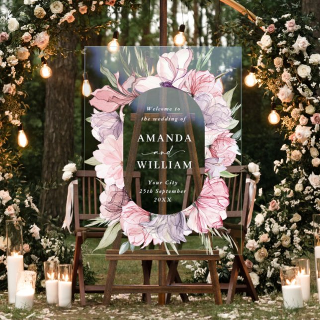 Panneau En Acrylique Elégante Dusty Rose Boho Fleurs MARIAGE Bienvenue (Créateur téléchargé)