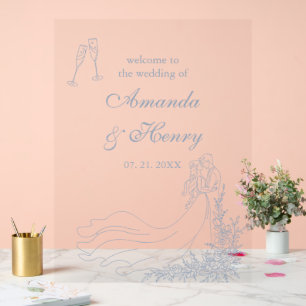 Panneau En Acrylique Elégante main dessinée Dusty Blue Mariage Bienvenu