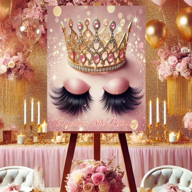 Panneau En Acrylique Elégants cils de couronne rose et or (Celebrate in glam style with this luxe crown & lashes acrylic birthday sign!)