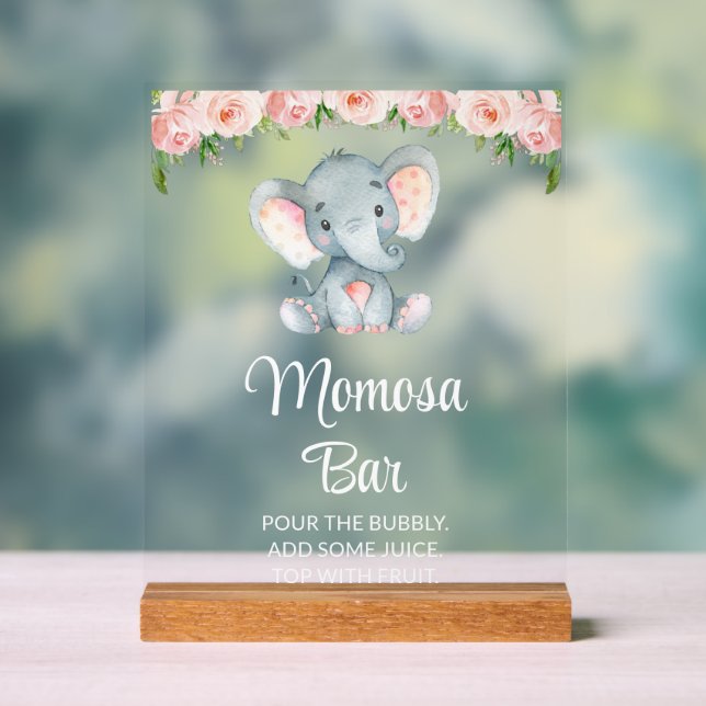 Panneau En Acrylique Elephant, Fleurs Roses, Baby shower Momosa Bar (Neutre)