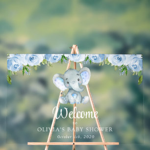 Panneau En Acrylique Eléphant mignon, Fleurs Bleues, Baby shower Bienve