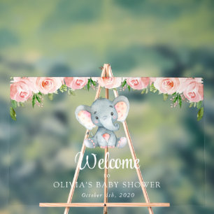 Panneau En Acrylique Eléphant mignon, Fleurs roses, Baby shower Bienven