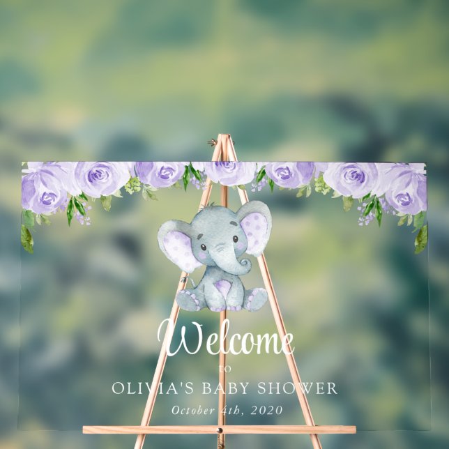 Panneau En Acrylique Eléphant mignon, Fleurs violettes, Baby shower Bie (Neutre)