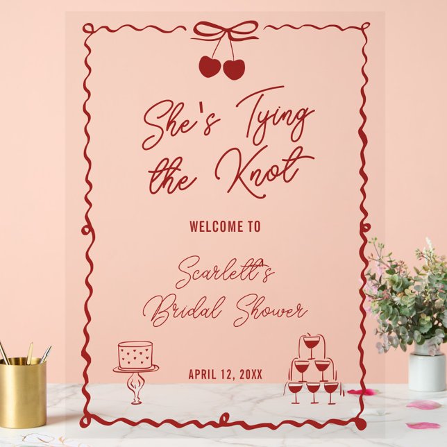 Panneau En Acrylique Elle Attache le Nœud Bienvenue à la Soirée de Mari (Celebrate with this clear acrylic and red "She’s Tying the Knot" chic bridal shower welcome sign)