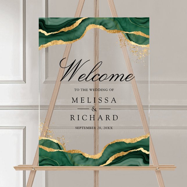 Panneau En Acrylique Emerald Gold Abstract Ink Wedding Welcome (Créateur téléchargé)