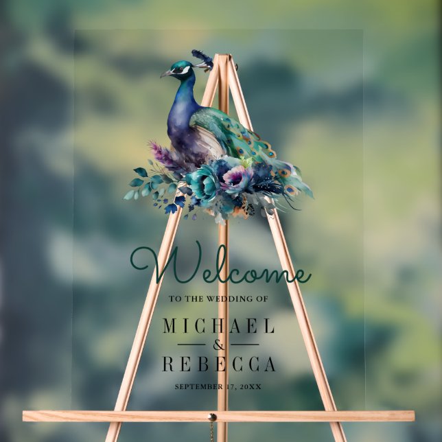 Panneau En Acrylique Emerald Green Floral Peacock Wedding Welcome (Neutre)