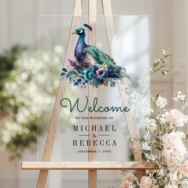 Panneau En Acrylique Emerald Green Floral Peacock Wedding Welcome (Créateur téléchargé)