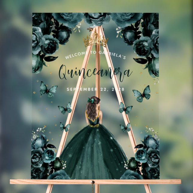 Panneau En Acrylique Emerald Green Floral Quinceañera Bienvenue (Neutre)