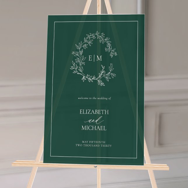 Panneau En Acrylique Emerald Green Leafy Crest Monogramme Mariage de bi (Wedding Welcome Sign!)