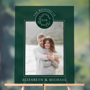 Panneau En Acrylique Emerald Green Leafy Crest Monogramme Mariage photo