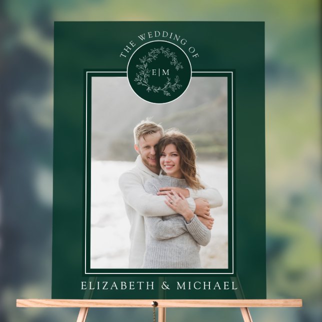 Panneau En Acrylique Emerald Green Leafy Crest Monogramme Mariage photo (Neutre)