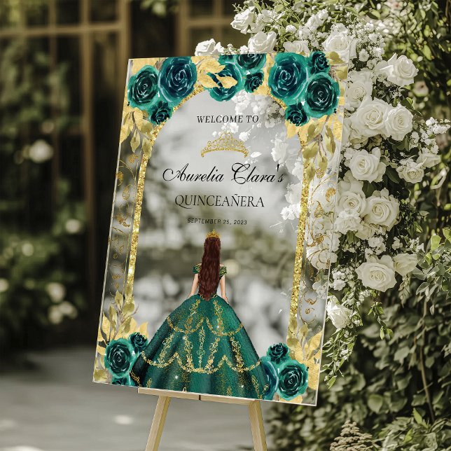 Panneau En Acrylique Emerald Green Princess Floral Quinceañera Annivers (Créateur téléchargé)