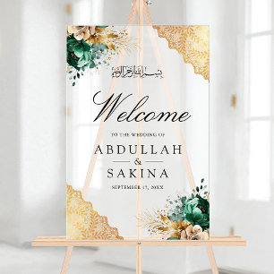 Panneau En Acrylique Emeraude Floral Or Musulman Mariage Bienvenue givr