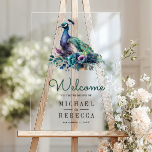 Panneau En Acrylique Emeraude Verte Fleur de Paon Mariage Bienvenue
