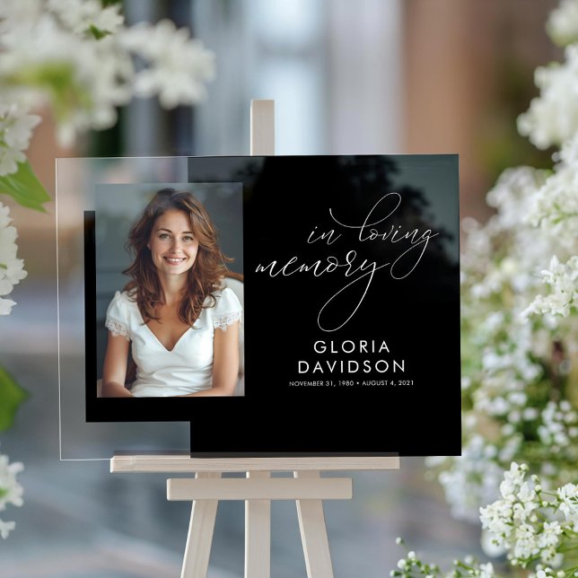 Panneau En Acrylique En Mémoire d'amour Élégante Photo funéraire modern (In Loving Memory Glossy Black Funeral Photo Sign)