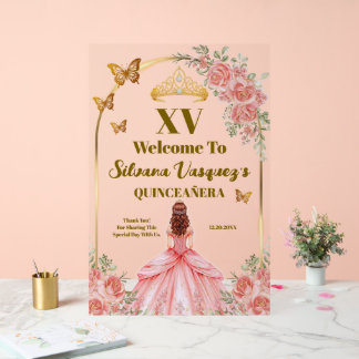 Panneau En Acrylique Enseigne de bienvenue rose et or pour Quinceanera