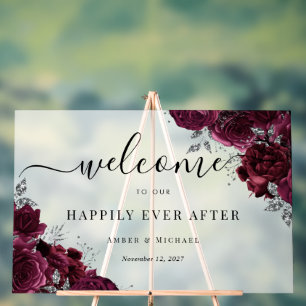 Panneau En Acrylique Enseigne de mariage en acrylique Burgundy Happily 