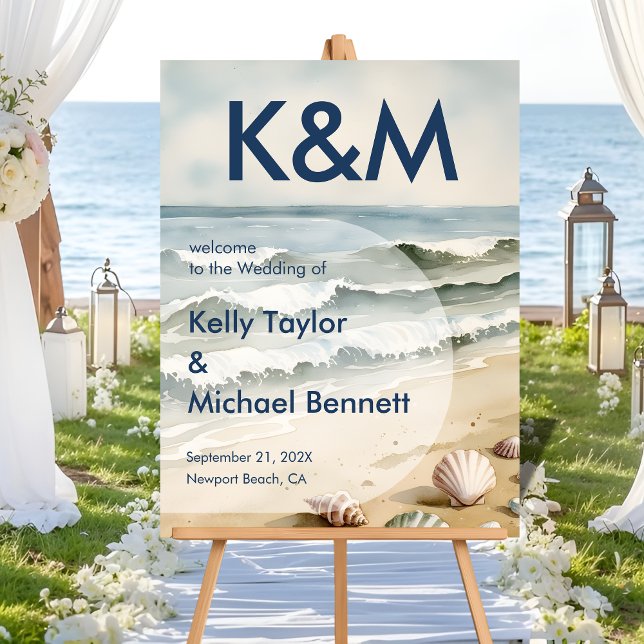 Panneau En Acrylique Entrée Mariage bleu côtier avec initiales (Créateur téléchargé)