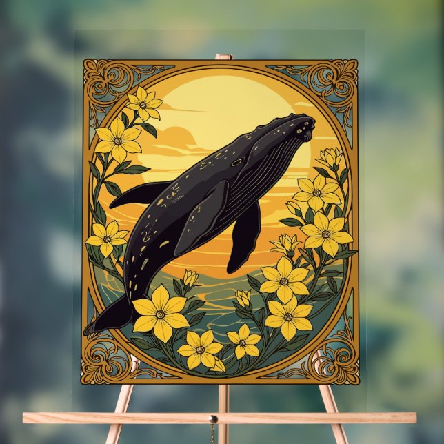 Panneau En Acrylique Eubalaena glacialis Et Fleurs Jaunes De Jasmin (Neutre)