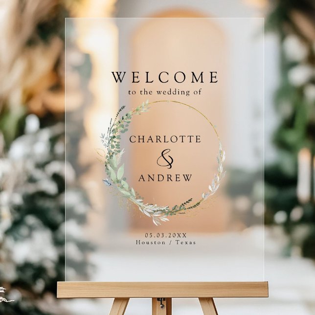 Panneau En Acrylique Eucalyptus verdure or mariage accueil (Eucalyptus greenery gold wedding welcome acrylic sign with your names and date.)