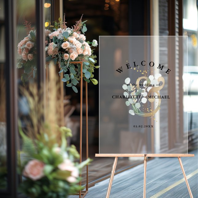 Panneau En Acrylique Eucalyptus verdure or mariage accueil (Eucalyptus greenery gold wedding welcome acrylic sign)