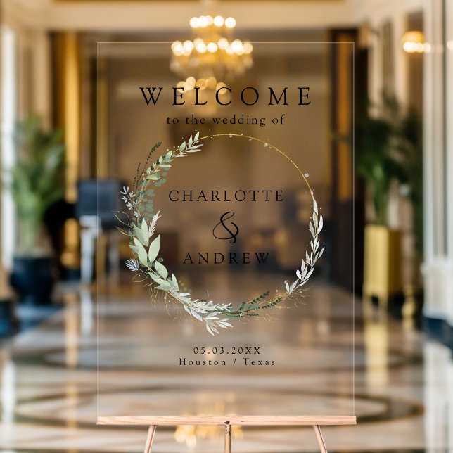 Panneau En Acrylique Eucalyptus verdure or mariage accueil (Personalized Eucalyptus greenery gold wedding welcome acrylic sign)
