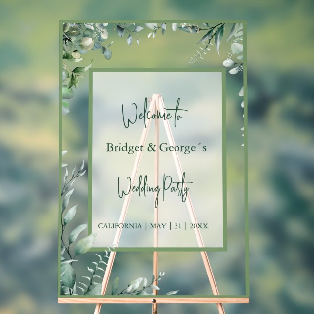 Panneau En Acrylique eucalyptus vert Floral Frosted Mariage Bienvenue (Neutre)
