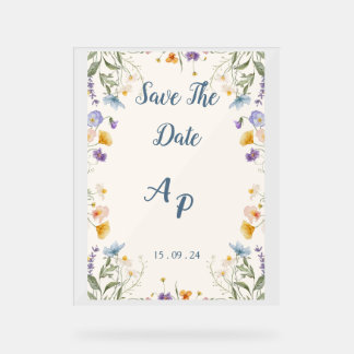 Panneau En Acrylique Faire-Part Beige Fleur pour Mariage