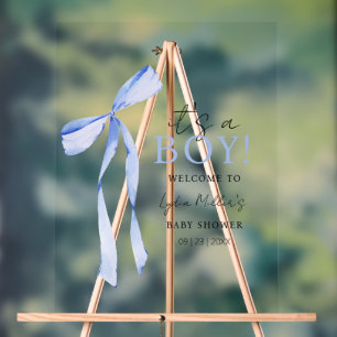Panneau En Acrylique Faire-part de Baby Shower avec un Nœud Bleu, Baby