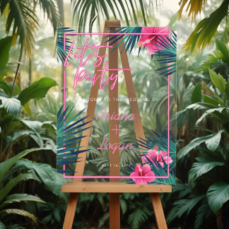 Panneau En Acrylique Faisons la fête Neon rose Tropical Mariage de palm